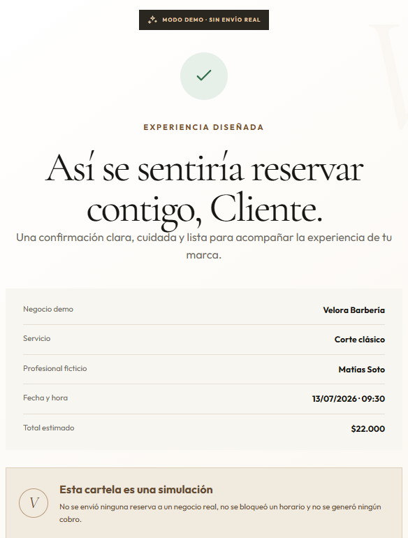 Captura sanitizada de la confirmación de una reserva demostrativa, con aviso de modo demo sin envío real.